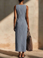 Women's Striped Print V-neck Sleeveless Casual Loose Cotton-linen Dress