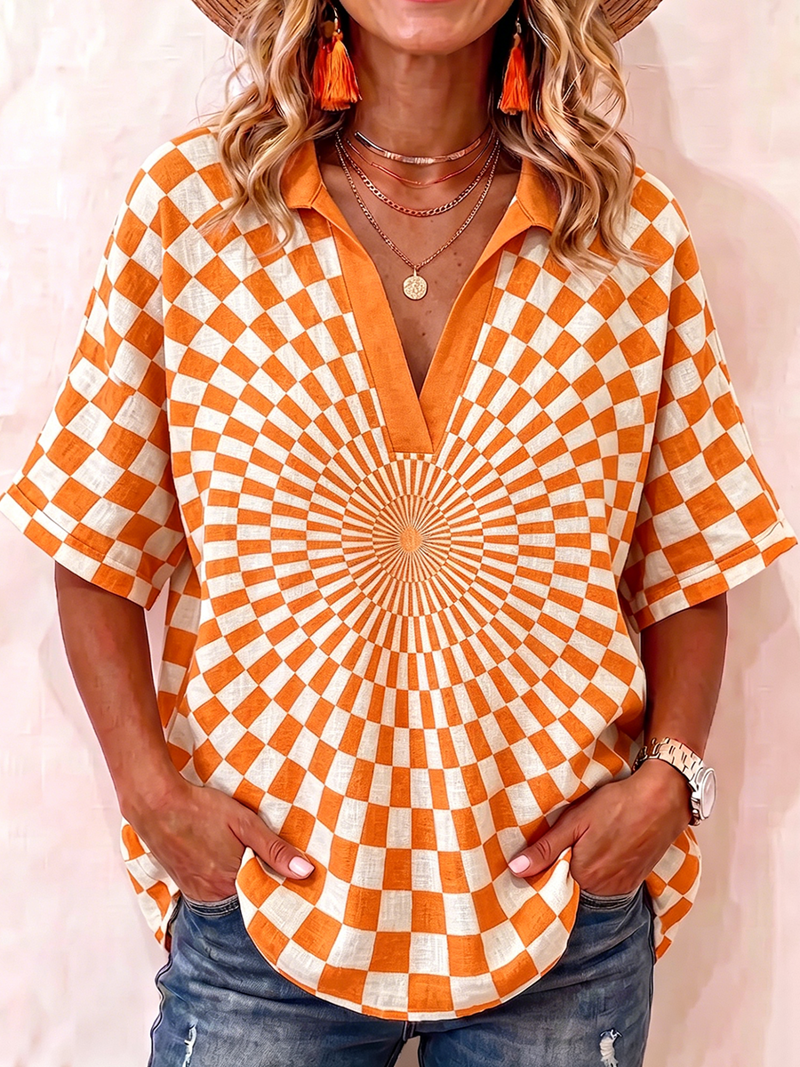 Trendy New Street-style Checkerboard Print Cotton-linen Shirt