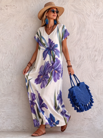 Artistic Watercolor Iris Cotton-linen Vacation Dress