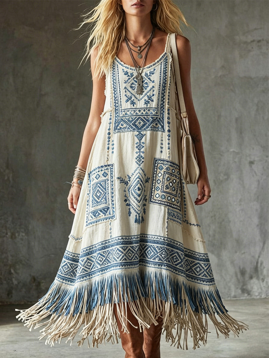 Women's Ethnic Pattern Art Casual Tassel Cotton Linen Dress