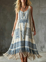 Women's Ethnic Pattern Art Casual Tassel Cotton Linen Dress