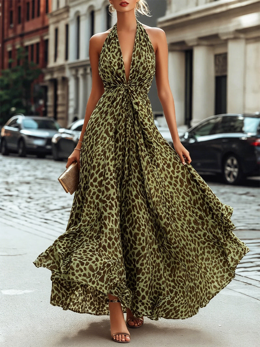 Women's Retro Leopard Art Print Sleeveless Stylish Casual Maxi Dress