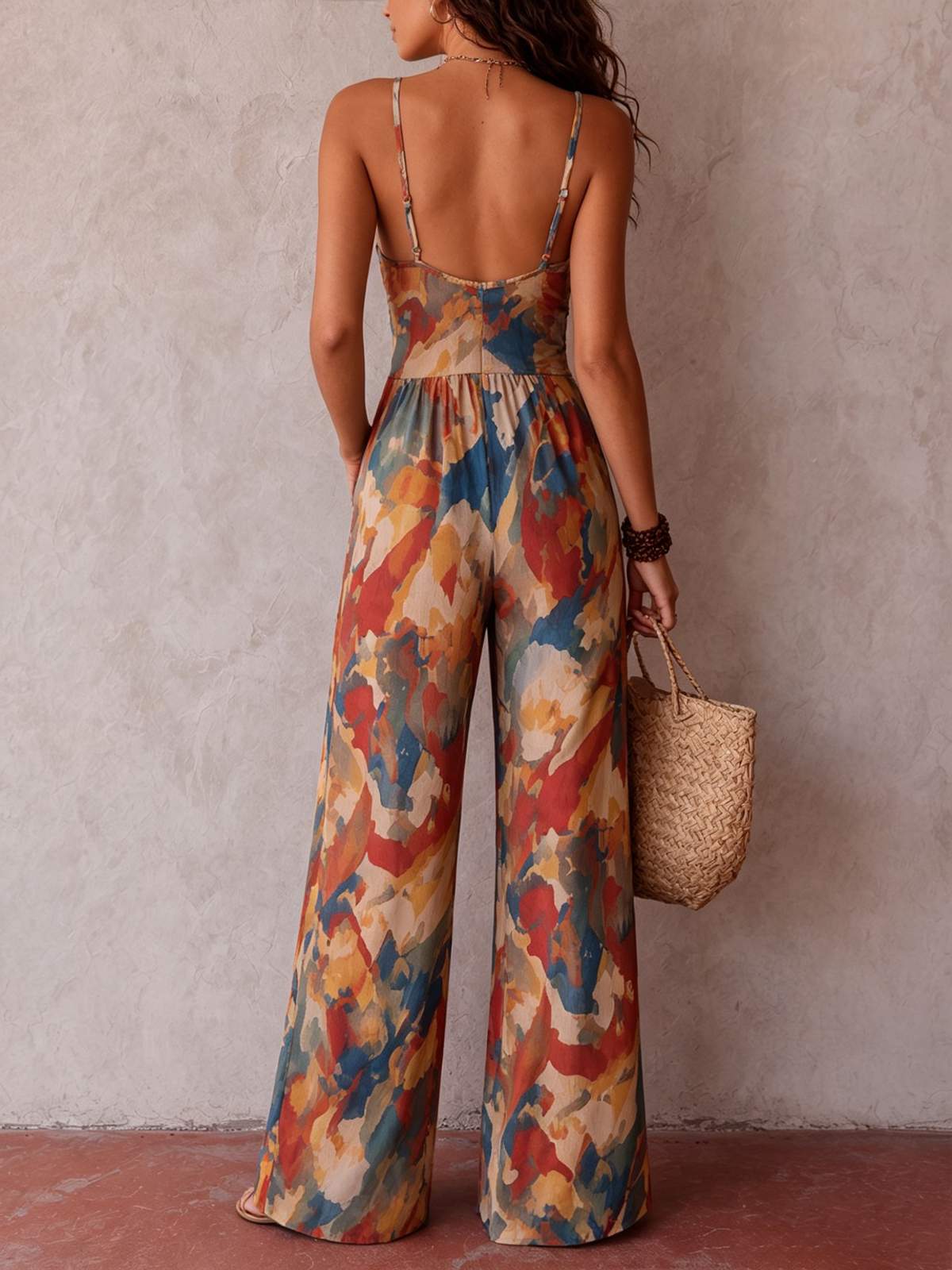 Watercolor Print Cut-out Ring Waist Jumpsuit