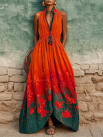 Women's Casual Loose Cotton-linen Dress With Placement Print Stand Collar And Sleeveless Design