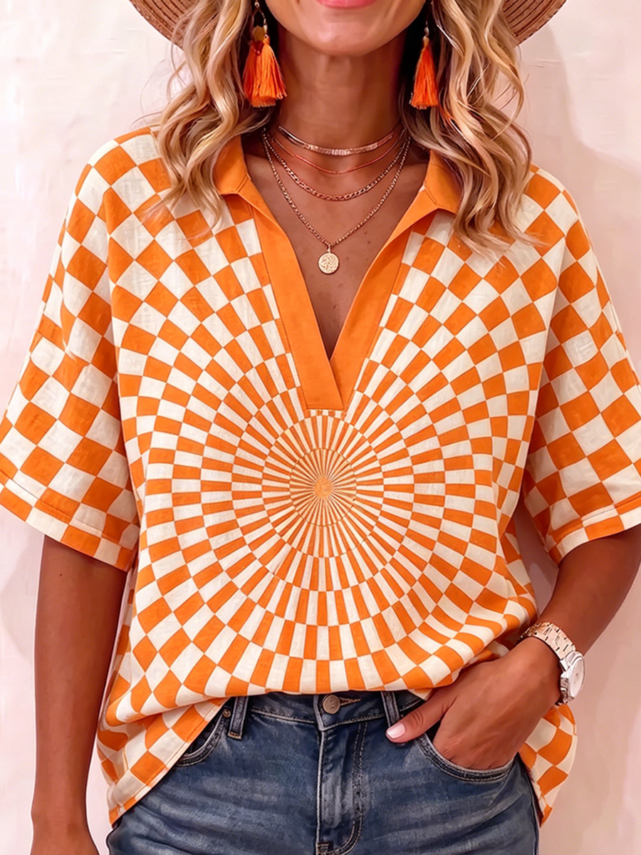 Trendy New Street-style Checkerboard Print Cotton-linen Shirt