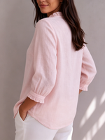 Rose Pink Cotton-linen Shirt With Ruffled Collar