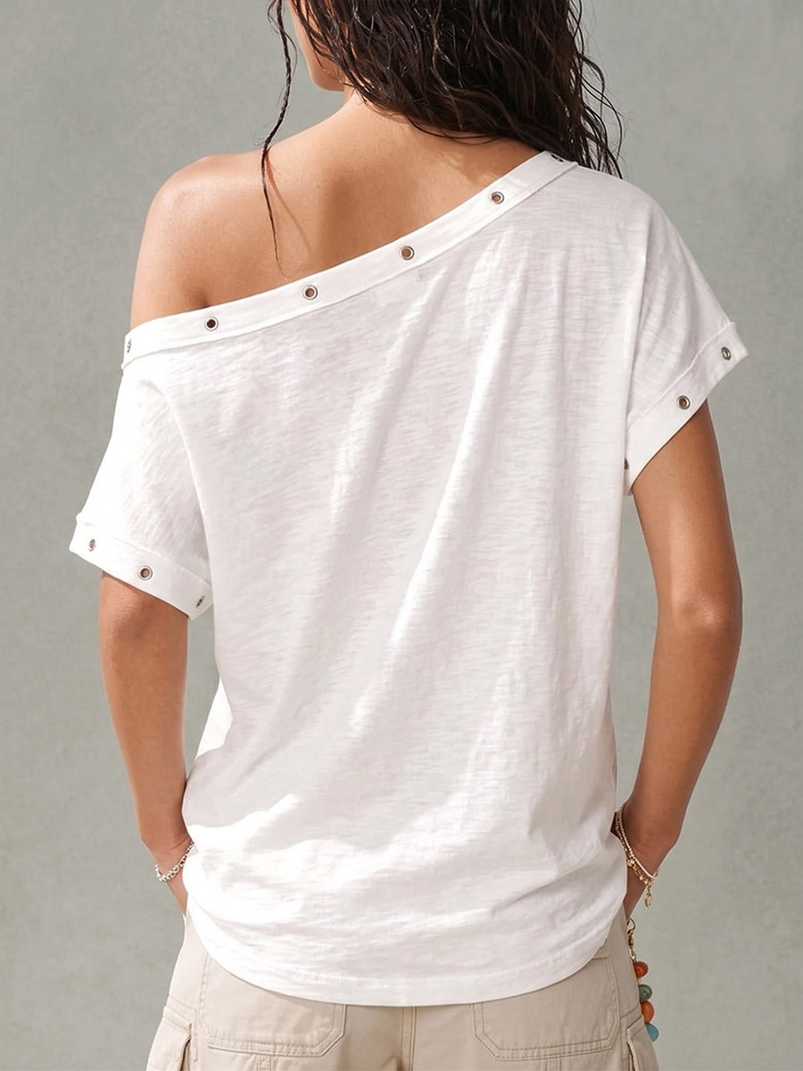 Women's Solid Color Asymmetric Neck Short-sleeve Casual Loose Cotton Top