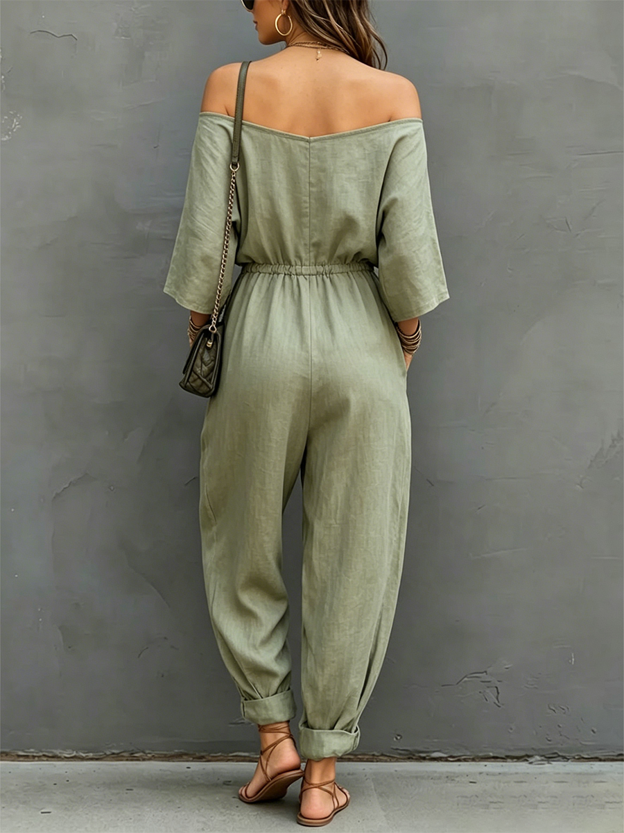 Off-the-shoulder, 3/4-sleeve, Drawstring-waist, Cotton-linen Jumpsuit With Cuffed Ankles
