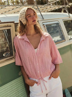 Women Pink Short Sleeve Blouse, Down Cropped Top With Adjustable Drawstring Hem