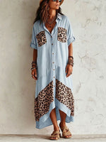 Women's Casual Loose Cotton-linen Dress With Lapel 3/4 Sleeves And Leopard Print Splicing