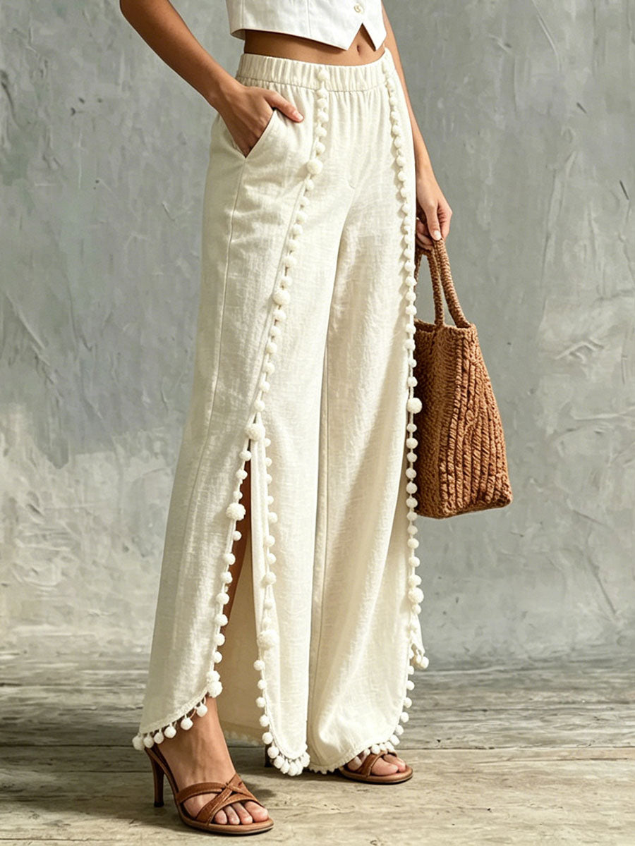 Women's Slits And Pom-poms Casual Wide-leg Trousers
