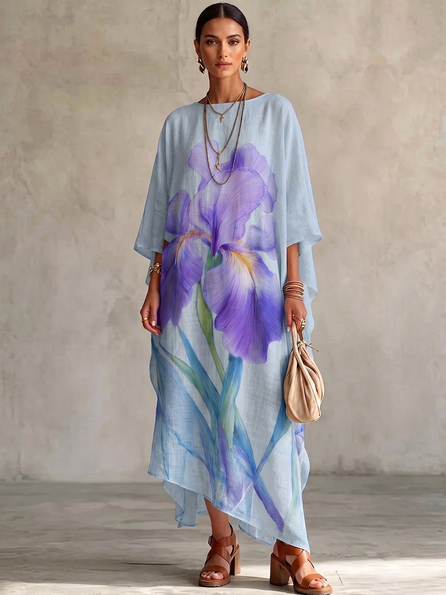Artistic Iris-print Cotton-linen Blend Dress
