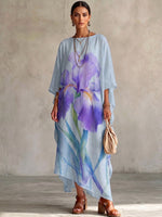 Artistic Iris-print Cotton-linen Blend Dress