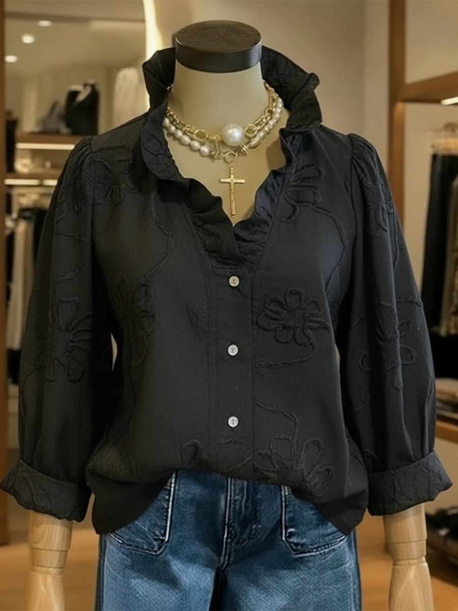 Camicia in cotone casual e romantica con colletto a volant