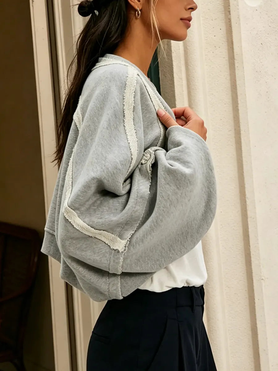 Women Oversized Balloon Sleeve Cropped Open Sweatshirt Cardigan