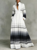Classic Abstract Gradient-line Dress — Featuring A Turn-down Collar, Cinched Waist, And Flared Skirt