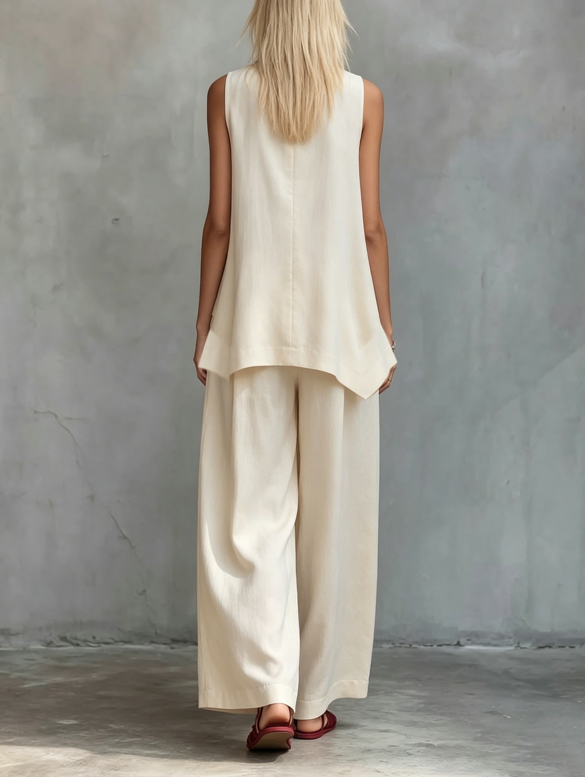 Two-piece Set: Sleeveless Collared Asymmetric Vest + High-waisted Pleated Wide-leg Trousers.