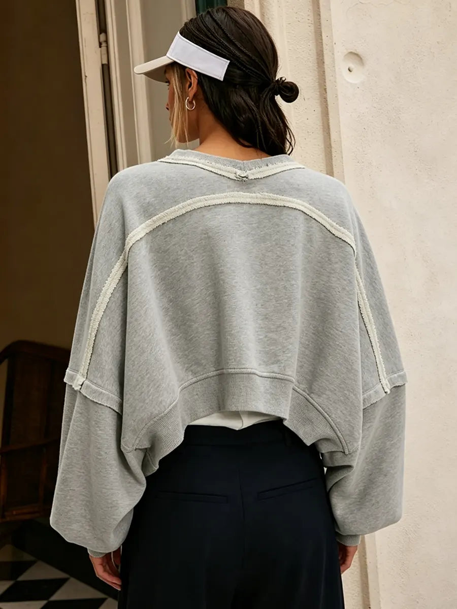 Women Oversized Balloon Sleeve Cropped Open Sweatshirt Cardigan