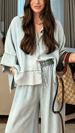 Women's Loungewear Set: Loose-Fit Short-Sleeve Button-Down Shirt & Elastic-Waist Wide-Leg Pants