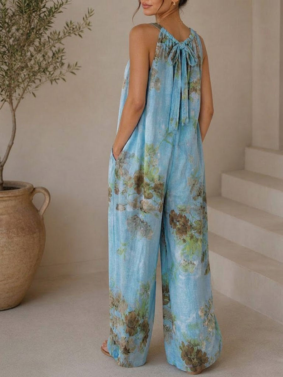 Women's Vintage Print V-neck Sleeveless Casual Loose Cotton-linen Wide-leg Jumpsuit