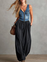 Women's V-neck Sleeveless Denim-paneled Cotton-linen Wide-leg Jumpsuit