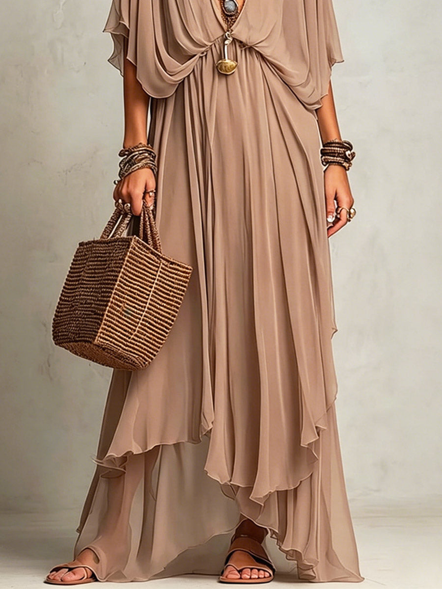 Women's Solid Color Sheer Art Casual Short Sleeve Maxi Dress